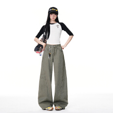 批发美式复古军绿色工装裤男女春季新款直筒宽松解构设计休闲阔腿裤子