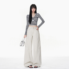 批发美式复古米色工装裤男女春夏季新款直筒宽松解构设计休闲阔腿裤子