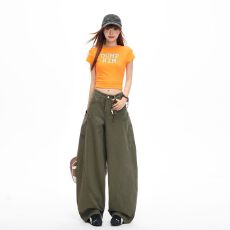批发军绿色美式复古设计感大口袋弯刀<b class='q'>牛仔裤</b>女拖地阔腿裤