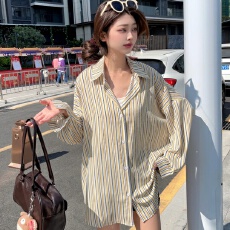 批发实拍条纹衬衫女装新款薄款宽松Polo领通勒长袖<b class='q'>上衣</b><b class='q'>外套</b>女