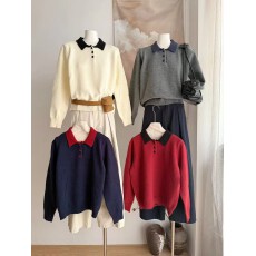 批发复古撞色娃娃领针织开衫女2025秋冬新款<b class='q'>韩版</b>宽松休闲毛衣