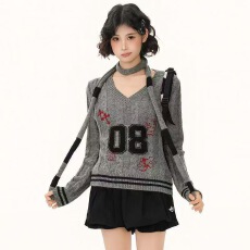 2025秋冬季新款美式复古辣妹洋气休闲韩版个性图案设计套头毛衣女