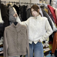 批发秋冬韩风毛毛双拉链外套<b class='q'>毛衣</b>仿貂毛针织<b class='q'>开衫</b>长袖保暖高领拼接上衣