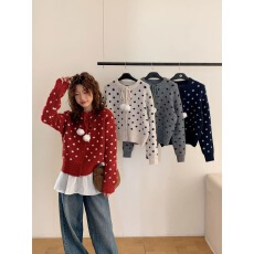 批发2025秋冬装新款甜美温柔波点毛衣外套女系带毛球宽松针织开衫