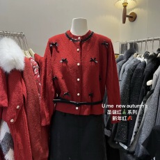 批发2026新款甜美蝴蝶结风圆领针织开衫女<b class='q'>春</b>秋冬红色宽松长袖毛衣上衣