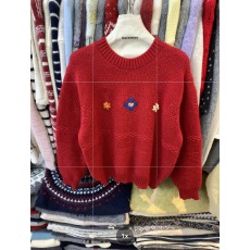 批发韩系小清新花朵刺绣圆领套头毛衣女秋冬新款宽松百搭减龄针织上衣