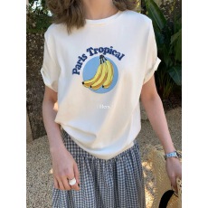 批发2026<b class='q'>春</b>夏新款字母香蕉图案印花短袖T恤女休闲百搭宽松打底衫上衣