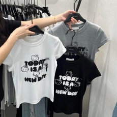 2026夏季新款韩版时尚圆领卡通印花短袖T恤女修身显瘦蝴蝶结上衣