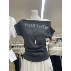 批发2026夏季新款韩版<b class='q'>一字肩</b>字母收腰T恤打底衫休闲百搭气质半袖上衣