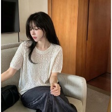 批发法式慵懒钩花镂空薄款针织衫女秋<b class='q'>韩</b>系圆领宽松百搭高级感短袖上衣