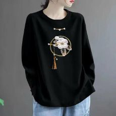 批发纯棉长袖印花宽松外穿2026新款女洋气欧货<b class='q'>大码</b>胖mm遮肚高级感上衣