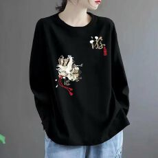 批发纯棉长袖印花宽松外穿2026新款女洋气欧货<b class='q'>大码</b>胖mm遮肚高级感上衣