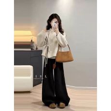 批发秋冬新款时尚气质百搭高级轻奢小众<b class='q'>蕾丝</b>设计简约外套+阔腿裤套装
