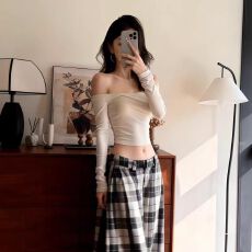 批发美式性感一<b class='q'>字</b>肩长袖<b class='q'>t</b>恤女秋季辣妹高腰露脐紧身短上衣内搭打底衫