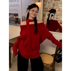 批发秋冬季慵懒高级感红色一字肩<b class='q'>毛衣</b>女款可外穿内搭2025新款圣诞穿搭