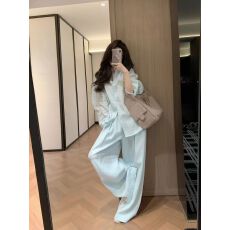 批发蓝色衬衫套<b class='q'>装</b>女早春新款2026韩系清纯轻薄休闲气质上衣长<b class='q'>裤</b>两件套