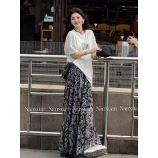 批发法式<b class='q'>复古</b>水墨画腰果花半身裙女2026夏季新款松紧腰显瘦A字长裙子