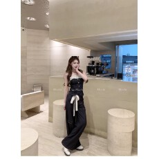 批发麻吉mochi蓝调时分荷叶边一字领吊带上衣阔腿裤牛仔<b class='q'>套装</b><b class='q'>女</b>春