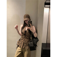 批发复古豹纹美背v领挂脖吊带背心女夏季辣妹修身无袖外穿设计感上衣