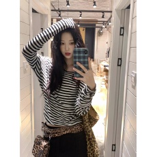 批发慵懒风条纹圆领防晒长袖T恤女薄款oversize宽松显瘦罩衫上衣