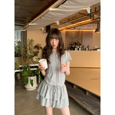 批发你好卡农 灰色拉链短袖上衣荷叶边半身裙套装女夏<b class='q'>气质</b>显瘦两件套
