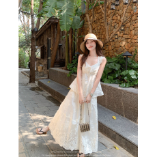 批发曾小咸 韩系刺绣拼接蕾丝v领吊带<b class='q'>背心女</b>夏季宽松无袖上衣裙子套装