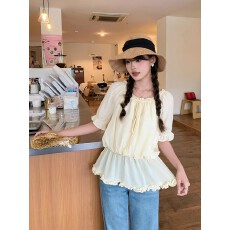 批发韩版浅色花边设计甜美<b class='q'>上衣</b>女夏季新款气质甜美两穿一字肩雪纺衬衫