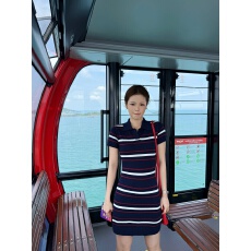 批发Tuuuh图画本 polo领短袖连衣裙女藏青色夏季条纹学院风针织短裙