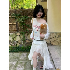 韩版ins甜美字母卡通印花拼蕾丝花边斜肩露肩T防晒衫女