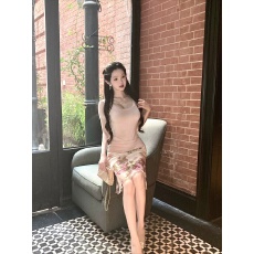 批发杜总家 古早温软感*气质辣妹<b class='q'>套装</b>蕾丝花朵高腰<b class='q'>印花</b>包臀短裙两件套