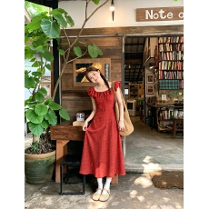 批发法式荷叶边系带方领小飞袖波点<b class='q'>连衣裙</b>女夏2026高腰显瘦A字包臀裙