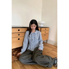 批发韩系复古娃娃领格纹木耳边长袖衬衫女2026秋季新款收腰上衣