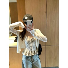 批发元气少<b class='q'>女</b>~气质百搭韩系格纹吊带背心+针织<b class='q'>长袖</b>开衫两件套<b class='q'>女</b>秋季