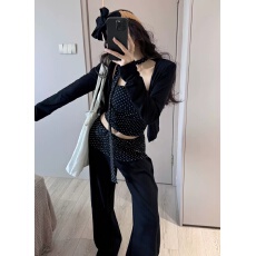 批发2026早秋时尚三件套女辣妹波点抹胸+拼接腰阔腿<b class='q'>裤</b>+<b class='q'>小外套</b><b class='q'>显瘦</b>套<b class='q'>装</b>