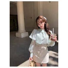 批发甜水仙 日光诗集 名媛风蝴蝶结套装女秋长袖衬衫高腰半身裙两件套