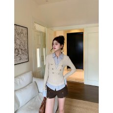 越韩小鱼Musefish 中古拿破仑 美式复古设计感撞色条纹假两件套装