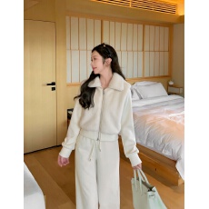 韩系加厚夹棉针织拼接毛毛卫衣外套女高腰显瘦阔腿裤两件套