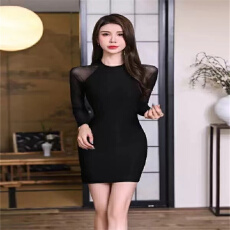 批发时尚辣妹性感<b class='q'>网纱</b>拼接长袖连衣<b class='q'>裙</b>女春夏新款紧身透肤包臀短<b class='q'>裙</b>子潮