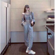批发港风休闲运动套装女减龄时尚短款吊带连帽卫衣束脚裤三件套装女