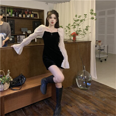 批发大码法式高级感喇叭袖连衣裙女2025春秋气质优雅修身显瘦包臀短裙