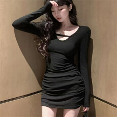 批发褶皱包臀裙长袖女秋冬季短款裙子修身显瘦打底<b class='q'>连衣裙</b>收腰镂空短裙