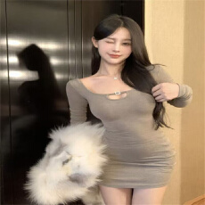 批发纯欲风镂空圆领辣妹长袖<b class='q'>连衣裙</b>秋冬新款秋季修身显瘦<b class='q'>打底裙</b>子短裙