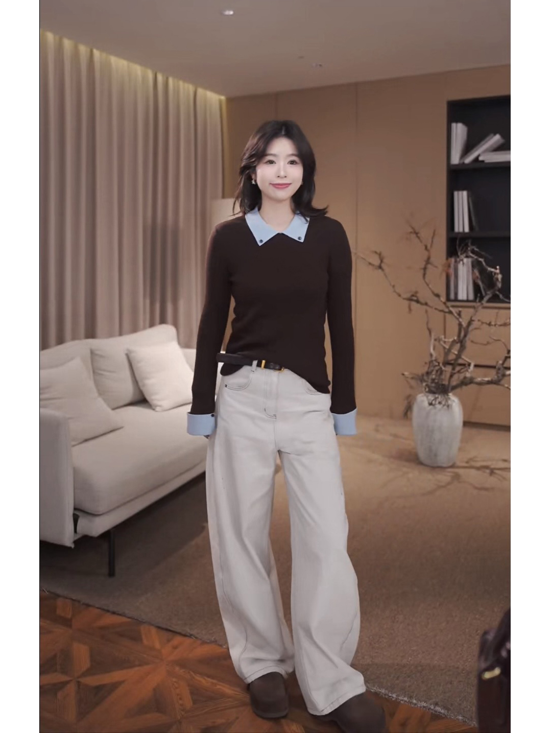 榛 과일 안개 블루 양모 패션 폴로 칼라 만나는 패치워크 색상 니트 스웨터 여성 2025 가을과 겨울