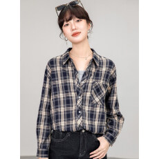 批发2026春季季新款雅痞风衬衫宽松<b class='q'>防晒</b>翻领格子衬衣格纹上衣轻薄女