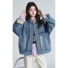 批发复古翻领设计感格纹拼接长袖牛仔外套女休闲夹克上衣2026春季