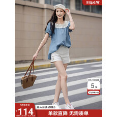 批发官图文艺花苞领优雅撞色牛仔衬衫女26<b class='q'>夏</b>款简约一字领宽松休闲上衣