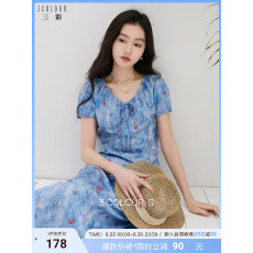 批发官图2026夏季新款法式浪漫碎花裙<b class='q'>连衣裙</b>短袖A字裙雪纺长裙蓝色女S