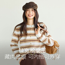 批发官图上衣开衫复古圆领条纹北极绒针织温暖厚实红色毛衣针织衫