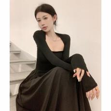 批发纯欲风拼接方领长袖<b class='q'>连衣裙</b>女秋季高腰大摆裙显瘦气质裙子a字长裙