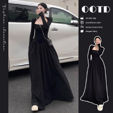 批发纯欲风拼接方领长袖<b class='q'>连衣裙</b>女秋季高腰大摆裙显瘦气质裙子a字长裙